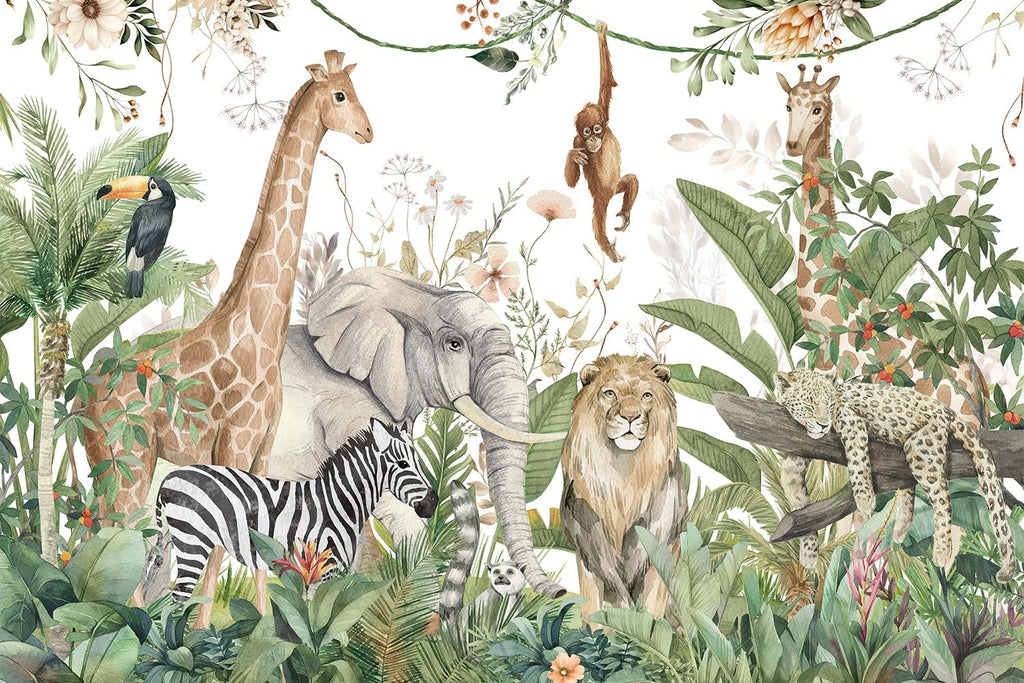 Kids Room Jungle Wall Mural, Safari Animals Rainforest Wallpaper Mural , Kindergarten, Living Room, Nursery Room