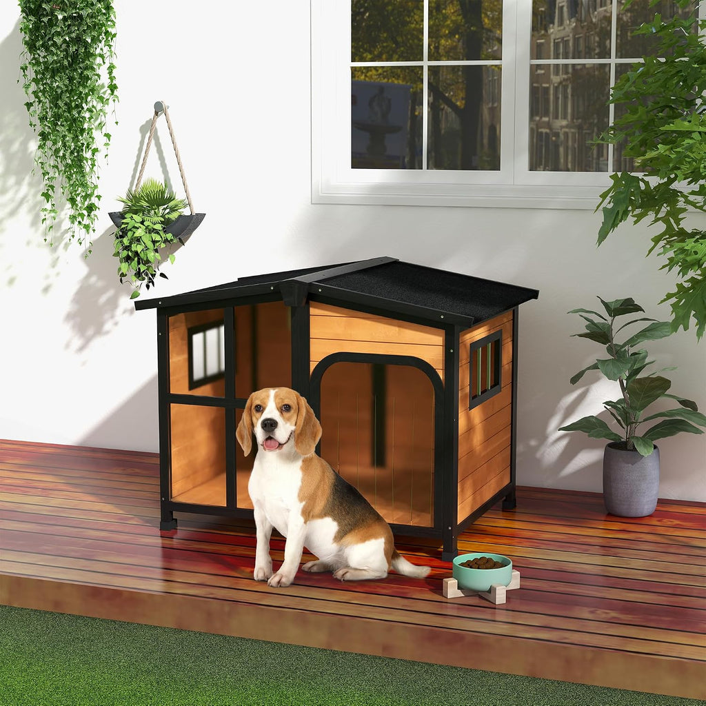 Outside Cabin-Style Wooden Dog House for Large Dogs - Yellow