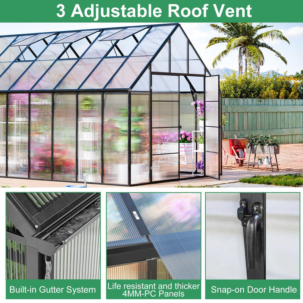 16x10x10 FT Polycarbonate Greenhouse for Outdoors w/3 Windows
