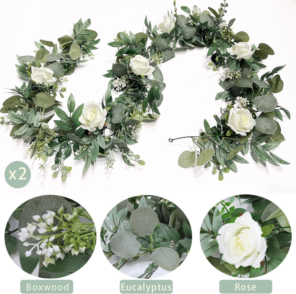 Artificial Spring Eucalyptus Flower Garland with White Roses, 13Ft Fake Flower Greenery Floral Green Garland - Set of 2