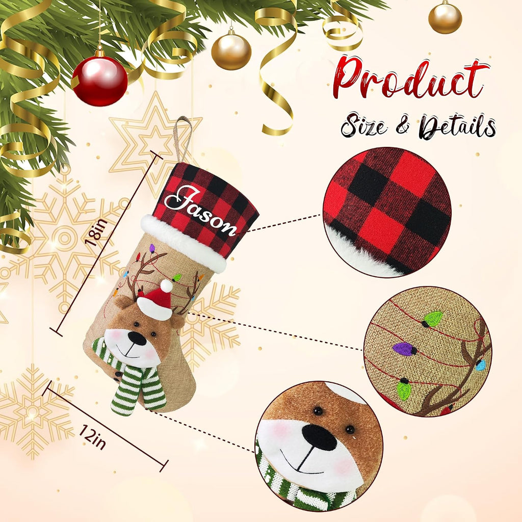 With Name, 18" Gnome Burlap Elk Bear Plaid Xmas Stocking Holiday Christmas Stockings, Holiday Christmas Decoration