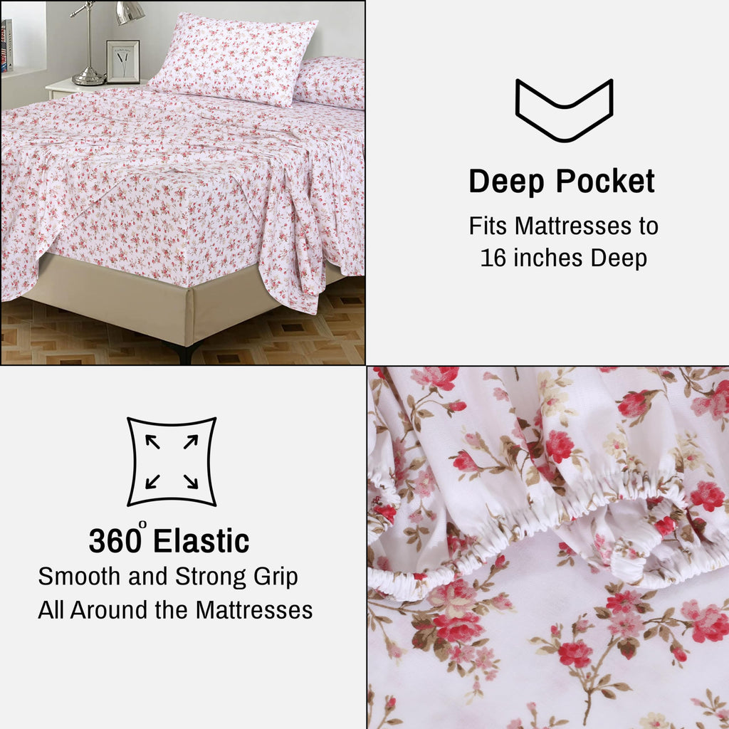 100% Cotton Percale King Sheets, King Size Sheets Set, Bouquet