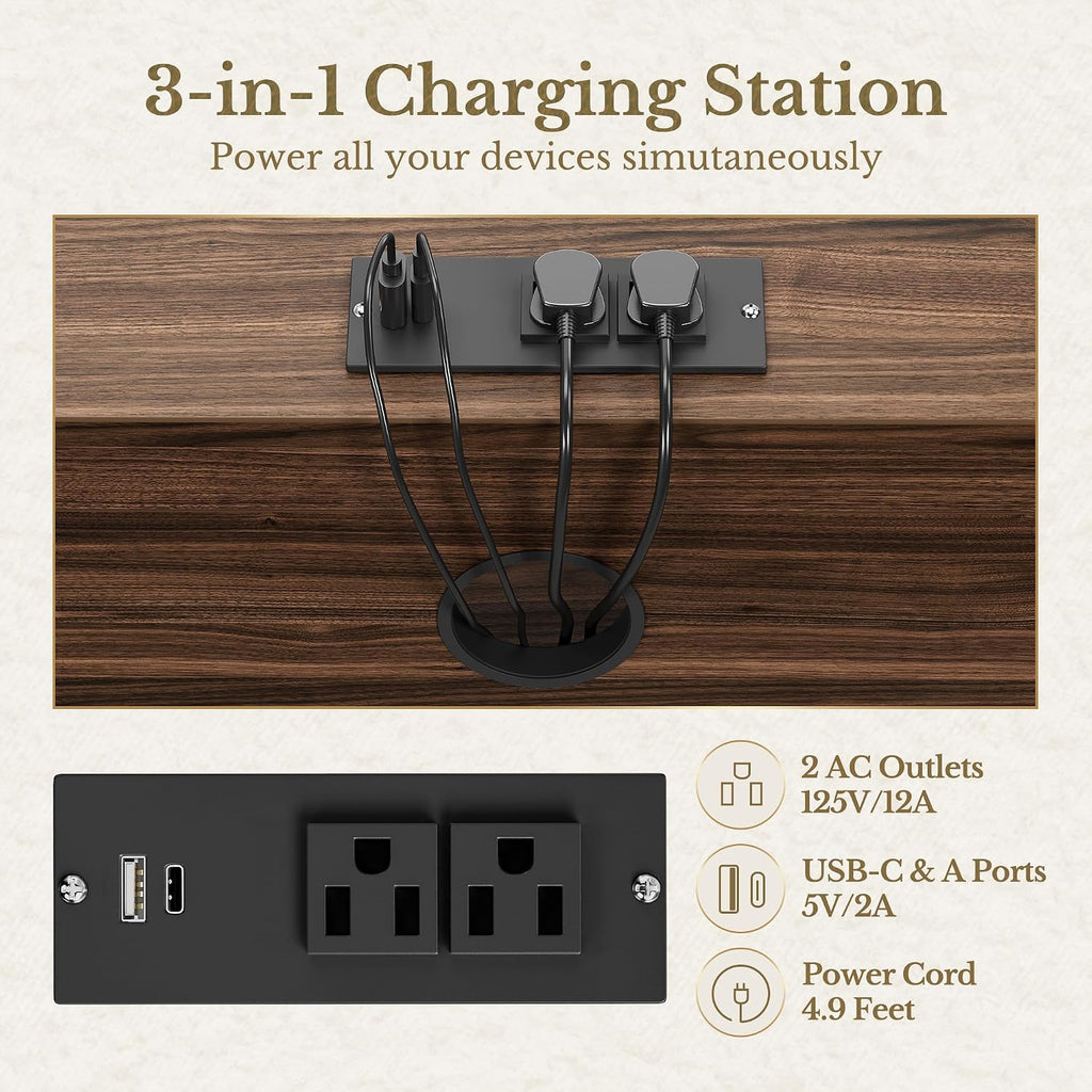 3 Drawer File Cabinet, Fluted Wood Lateral Filing Cabinet with Charging Station , Fits for A4/Letter-Sized Files