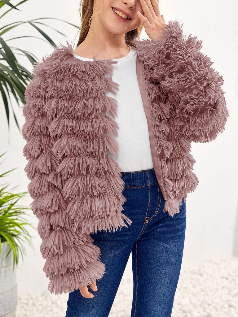 Girls Open Front Cardigan Faux Fur Coat Warm Fuzzy Trendy Winter Vintage Parka Shaggy Party Outerwear Jackets Tops