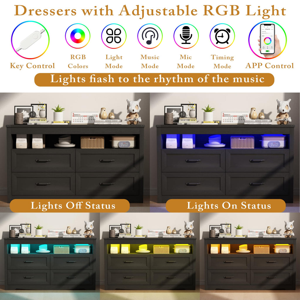 Black Dresser, Wood 4 Drawer Dresser with LED Light, Dressers & Chests of Drawers with Metal Handles, Storage and