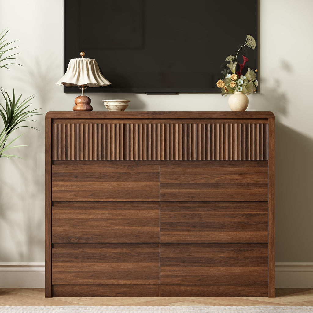 Walnut Fluted 9 Drawer Dresser, Curved Edge, 50" Wide