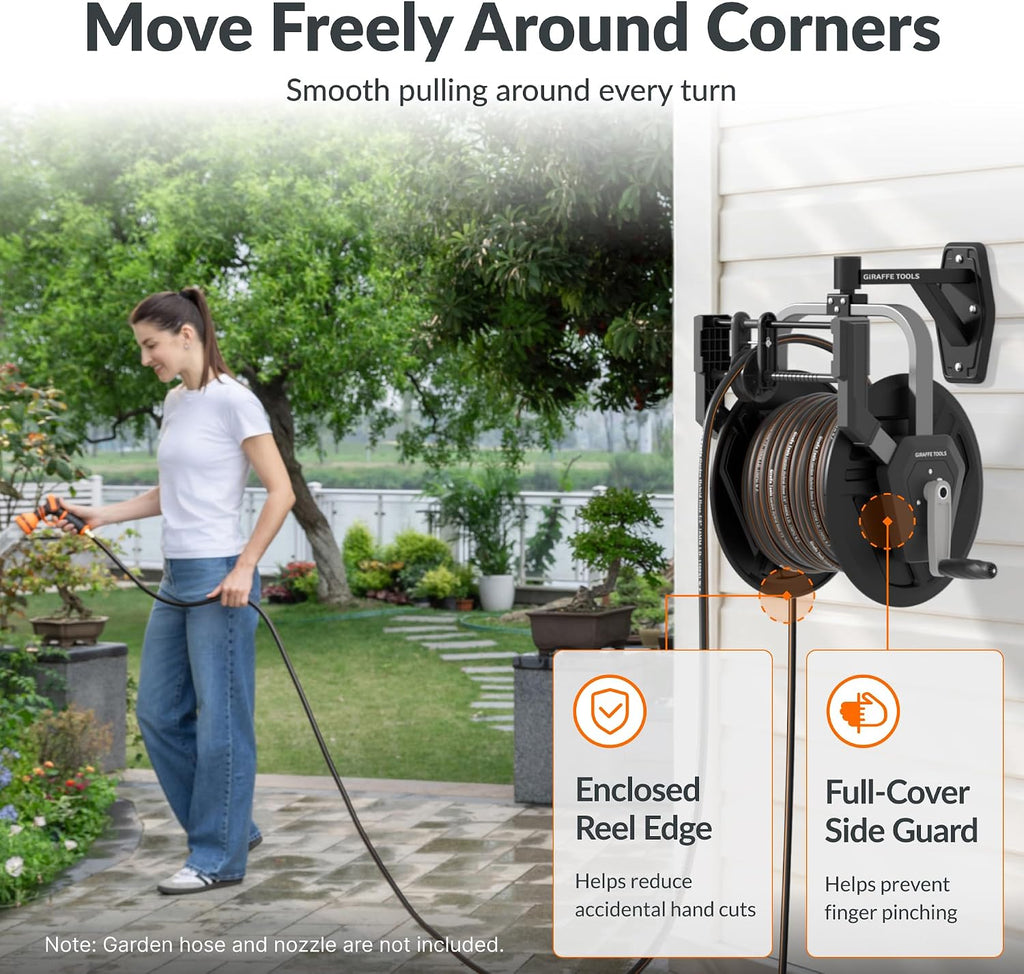 Garden Hose Reel, Wall Mounted 125FT 5/8" Hose Capacity, Heavy Duty Water Hose Reel for Outside, Retractable Hose