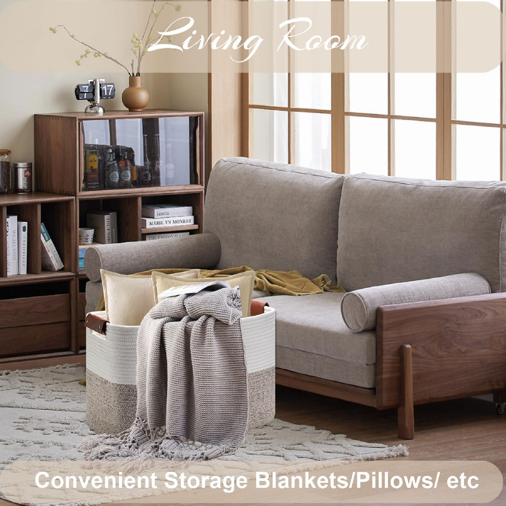 Large Cotton Rope Storage Basket with Leather Handles, Laundry Hamper Basket, 20 "L x 14" W x 12 "H, Durable &