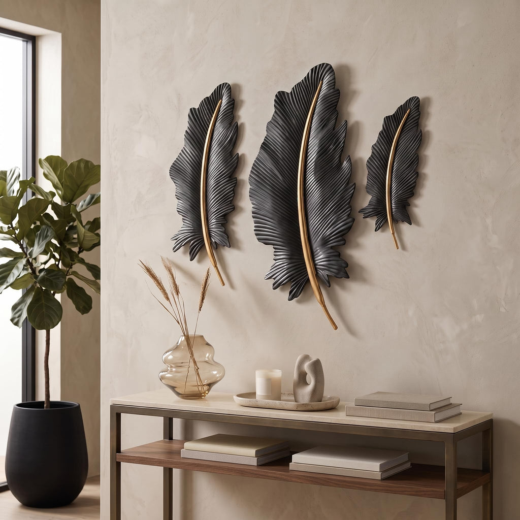 3-Piece 3D Metal Feather Wall Decor Set, Black & Gold