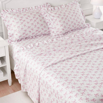 Bow Ruffle Sheet Set 4 Piece, White/Pink
