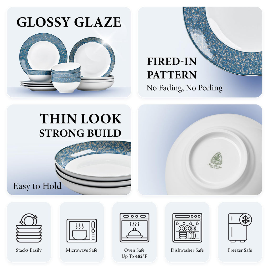 Long 12-PCS Porcelain Dinnerware Set, Plates, Bowls, Service for 4, Chip & Scratch Resistant, Oven Safe up to 482°F
