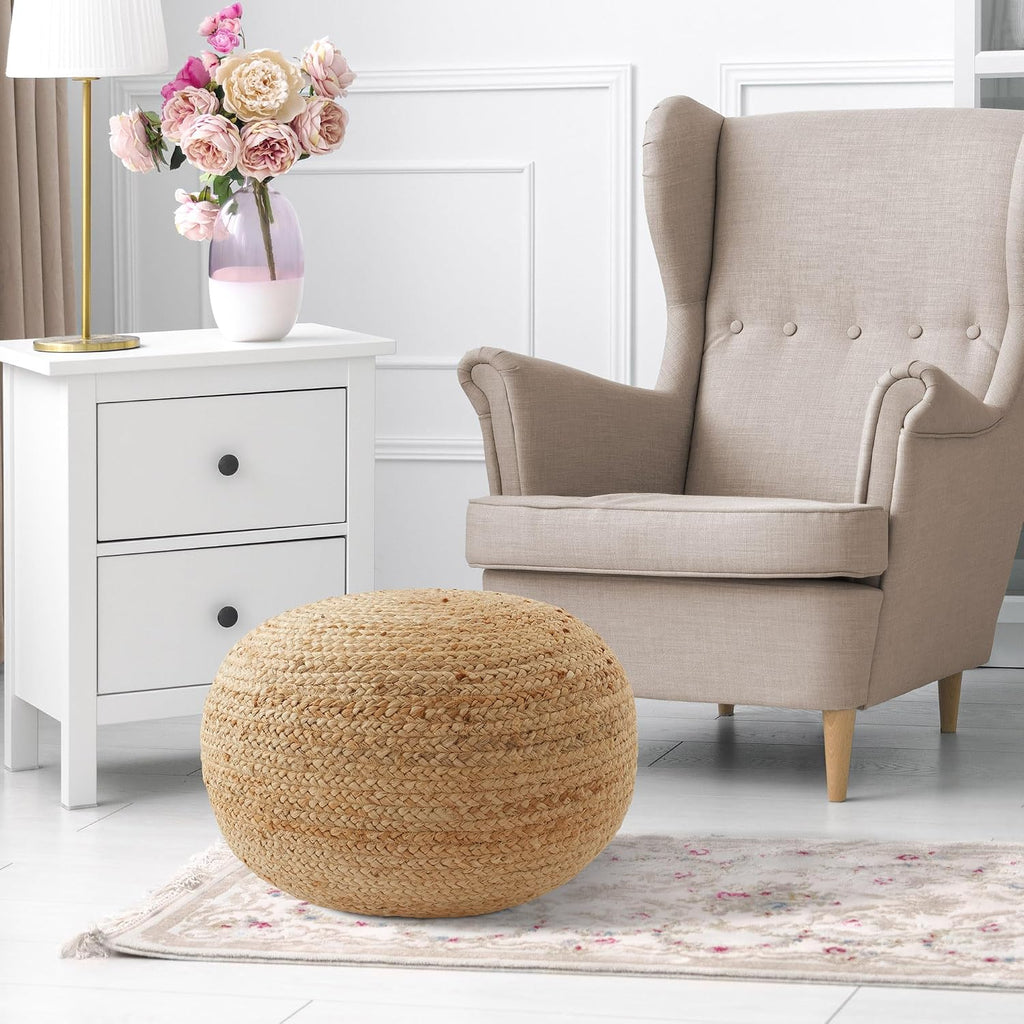 Hand-Braided Jute Pouf Ottoman Footrest, 19" W x 19" D x 10-1/2" H - Round, Natural Woven Boho Floor Cushion, Home