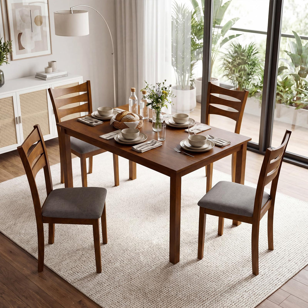 Dining Table Set for 4, Rectangular Kitchen Table Set w/ 4 Upholstered Chairs & Solid Rubber Wood Frame, Space-Saving