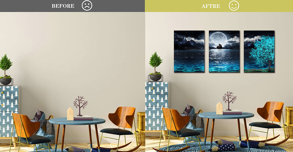 Moon Wall-Art - Teal Wall Art - Ocean Tree Home Wall Decor 3 Pieces Framed Canvas Art 16x24 Inches
