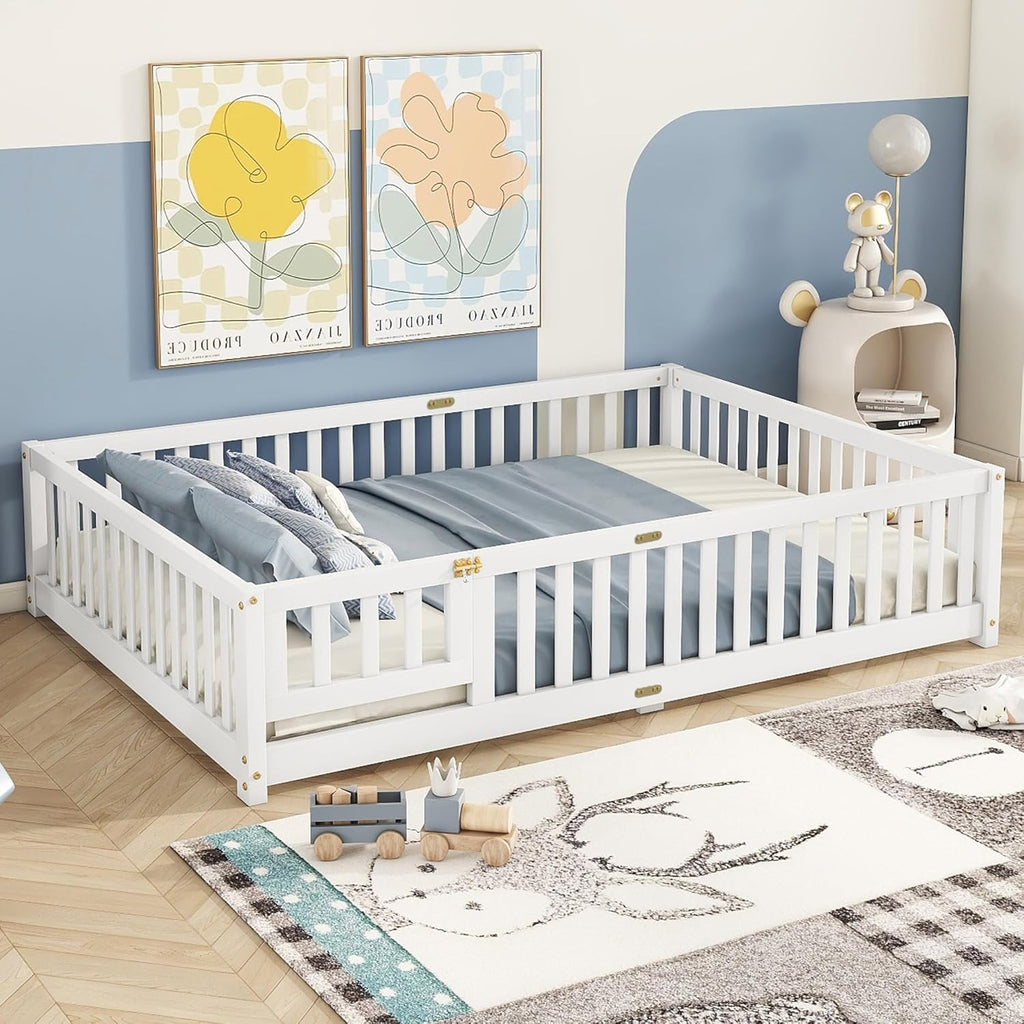 Full Size Montessori Floor Bed with Slats, Door and Guardrails, White | Low Profile Montessori Bed with Fence, Easy