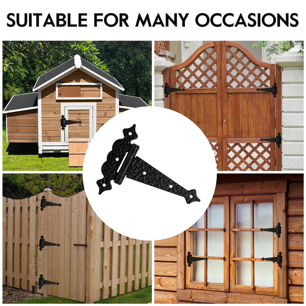 Heavy Duty T Strap Gate Hinges, 6 Inch Decorative Hammered T Hinges, Outdoor Hinges for Wooden Fences, Shed Door