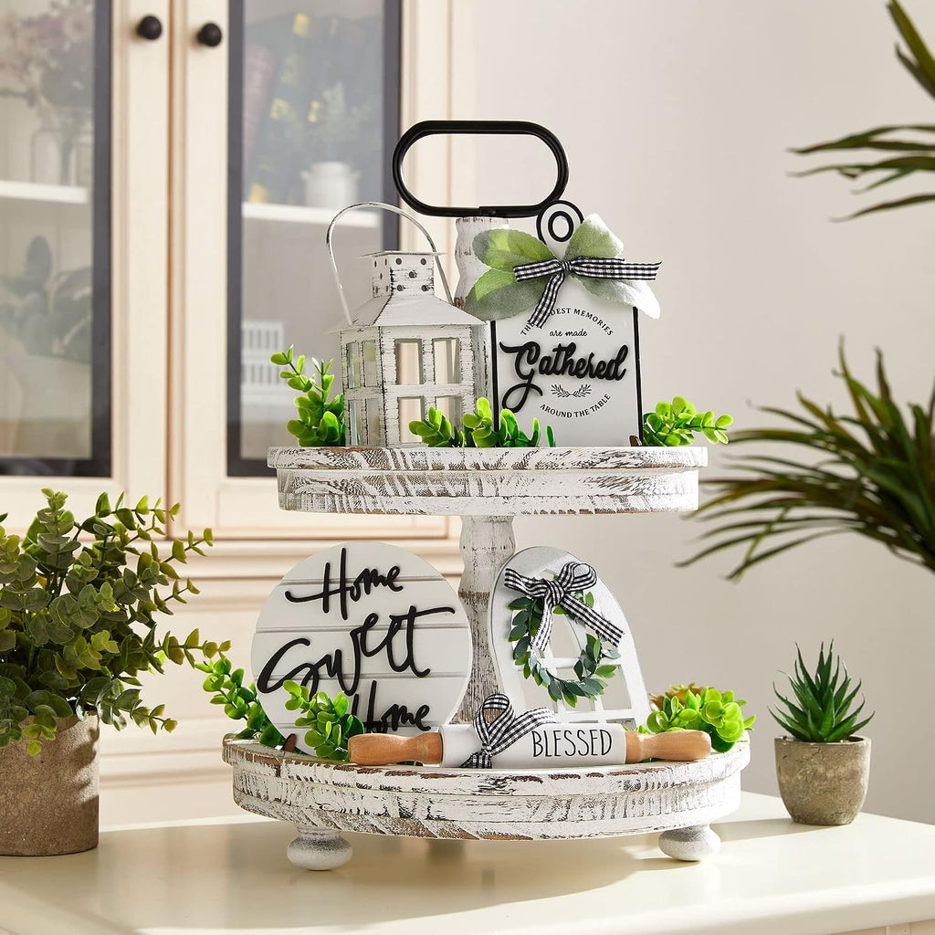 Farmhouse Tiered Tray with 1 Lantern Artificial Plant& Cutting Board Sign for Rustic Home Sweet Home - Set of 17