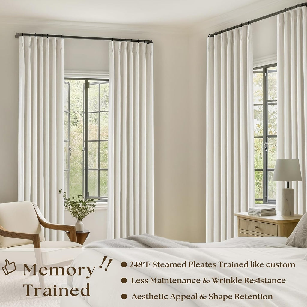 Pinch Pleated Linen Blackout Curtains 96 Inches Long for Living Room 2 Panel Set Cream Ivory 100% Black Out Pinch