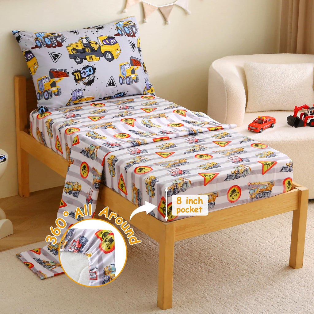 Toddler Bedding Sets for Boys, 4 Pieces Grey Heavy-Duty Vehicles