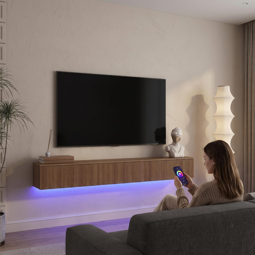 65" Floating TV Stand Wall Mounted, 16-Color LED 4 Modes Modern Fluted TV Console with 3 Flip-Down Cabinets