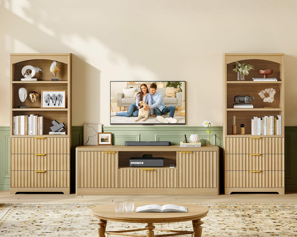 55" TV Stand for TVs Up to 65", Modern Fluted Entertainment Center with Drawer and Open Shelf, Media Console Table