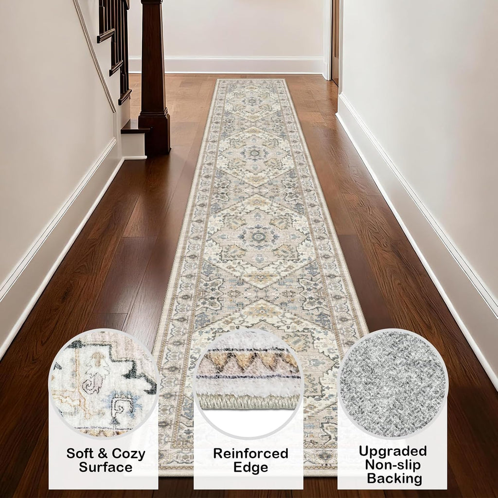Boho Washable 2x10 Runner Rugs Beige Non Slip Low Pile Long Runner Rug, Stain Resistant Soft Faux Wool Runners