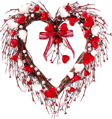 17in Valentine's Day Heart Wreath with Berry Red Heart Wreaths Handmade Valentines Day Wreath with Silk Bow Red Pink
