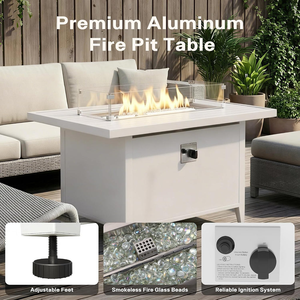43" Aluminum Propane Fire Pit Table with 55,000 BTU, Rectangle Outdoor Gas Fire Table with Glass Wind Guard, Glass