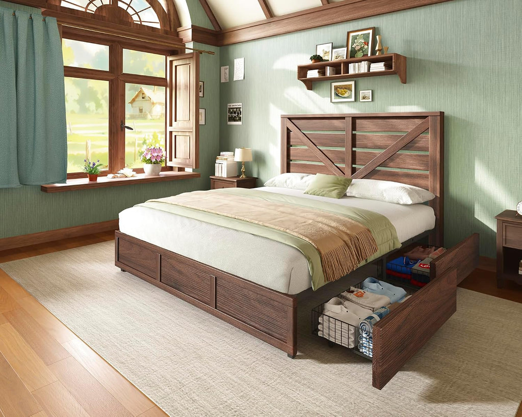 King Farmhouse Bed Frame with 4 Drawers, Wooden Storage Bed Frame with Headboard and Heavy Duty Metal Slats, Noisy