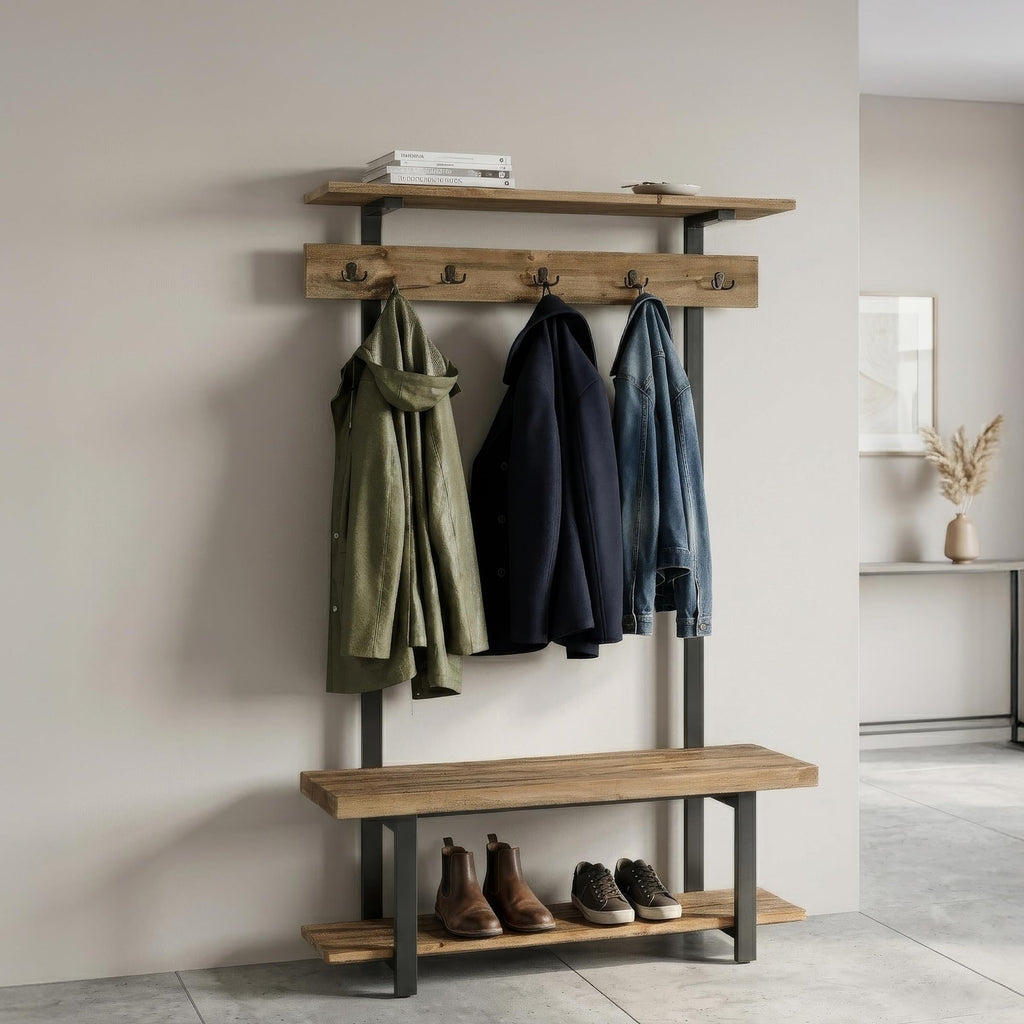 Pomona Solid Wood Entryway Hall Tree with Shoe Bench, Rustic Brown, 48 Inch