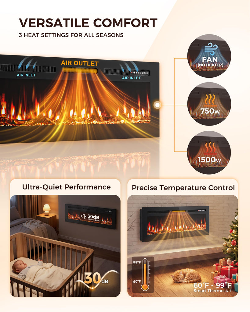 50" Smart WiFi Electric Fireplace Heater, Recessed Wall Mounted