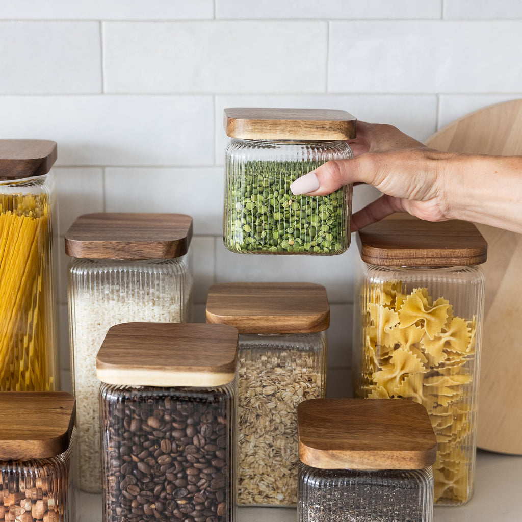 Ribbed Glass Square Jar with Wooden Lid 25fl.oz - Set of 3 | Airtight Fluted Storage Canister for Food, Pasta