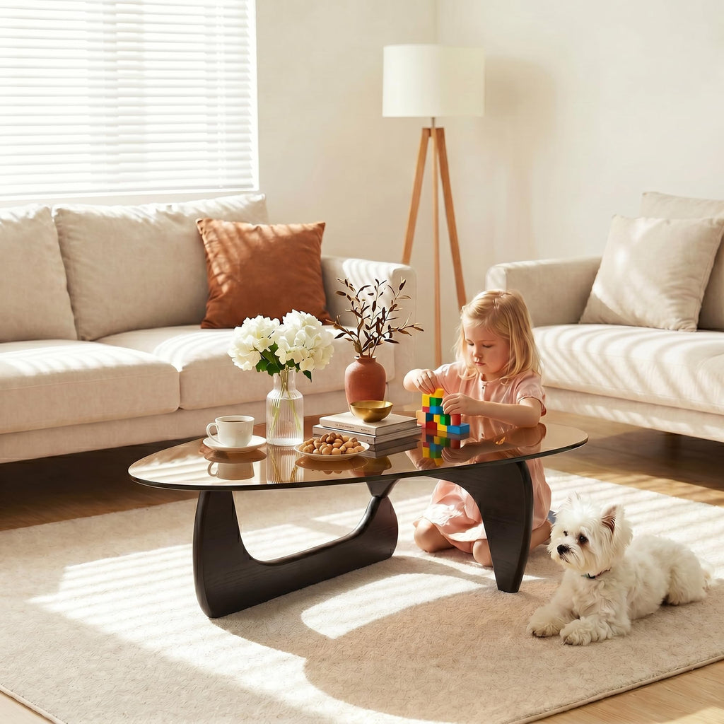 Modern Glass Coffee Table, Mid Century Solid Wood Table, Small Center Table for Reception Office, Black