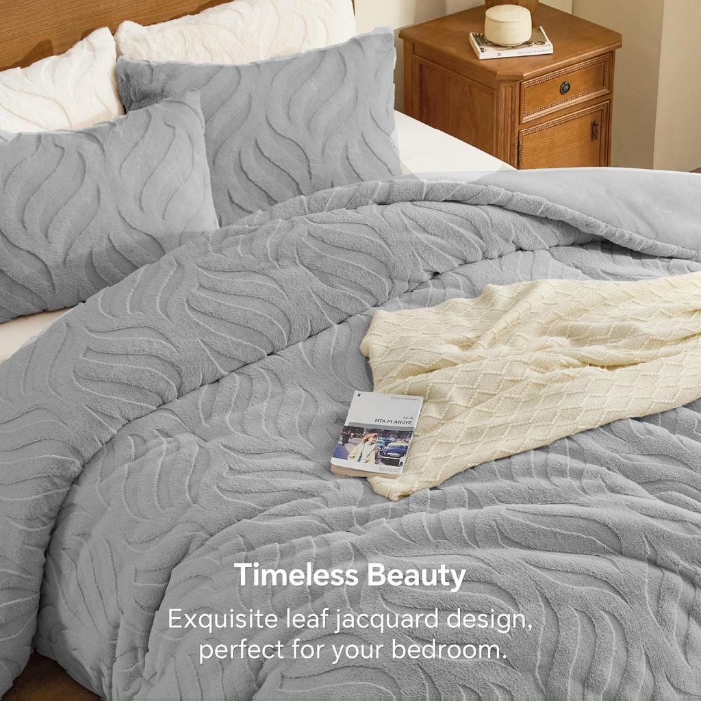Fluffy Faux Fur Comforter Set, Fuzzy Bedding Set, Light Grey