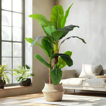 6FT Artificial Banana Tree, Lifelike Fake Banana Leaf Tropical Silk Tree, Easy Assembly Faux Floor Plant with Sturdy