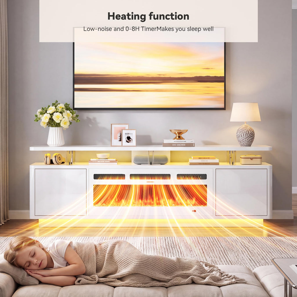 70" Fireplace TV Stand with Double LED Lights for TVs UP to 80", Electric Fireplace Entertainment Center with Storage