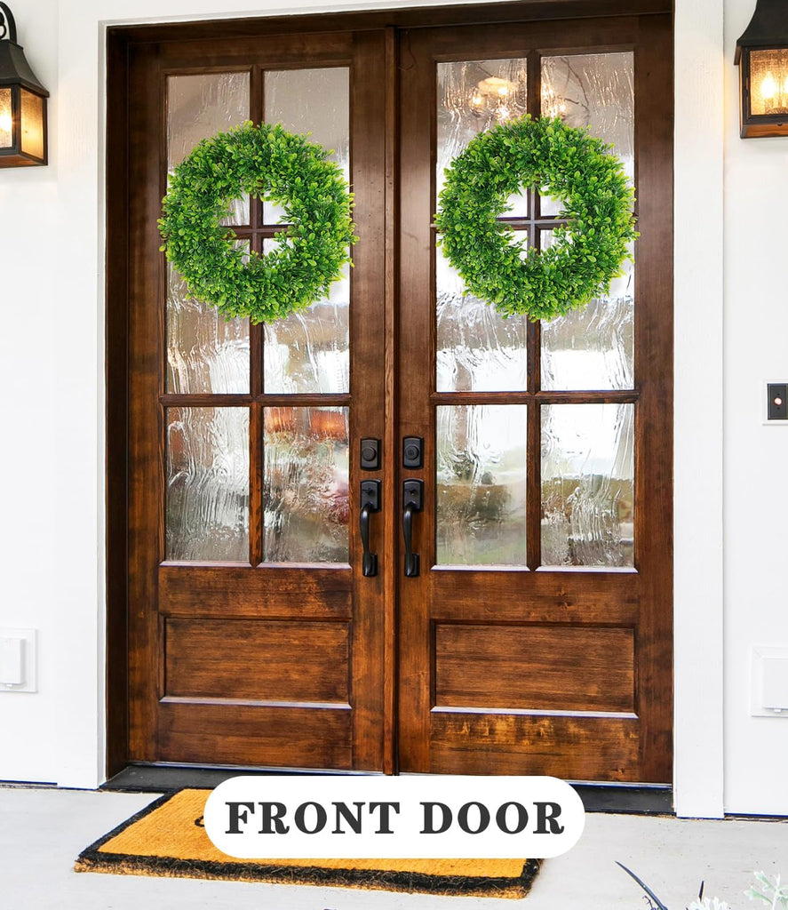 18in Boxwood Wreaths for Front Door, Artificial Preserved UV Resistant Green All Seasons Winter Spring Summer Door