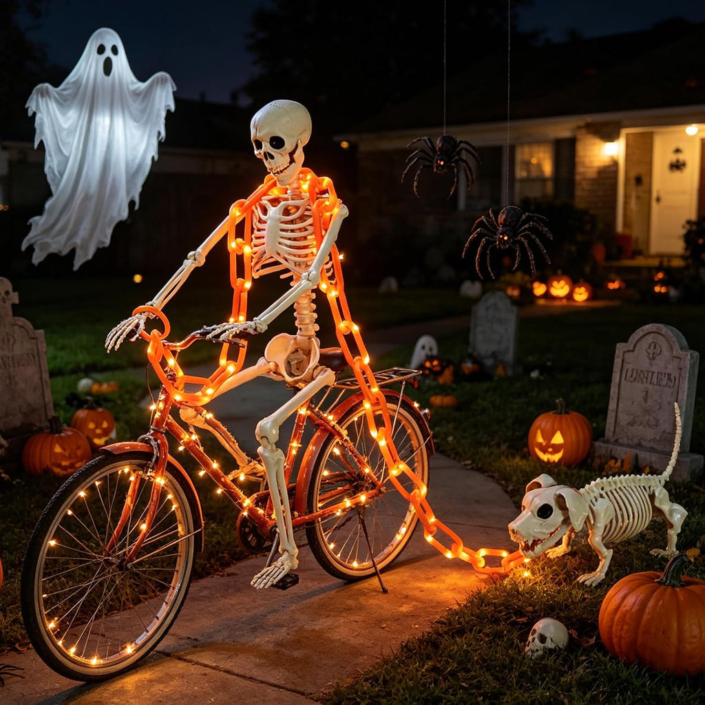 3Ft Skeleton & Dog Skeleton with Light Chain, Outdoor Halloween Decorations