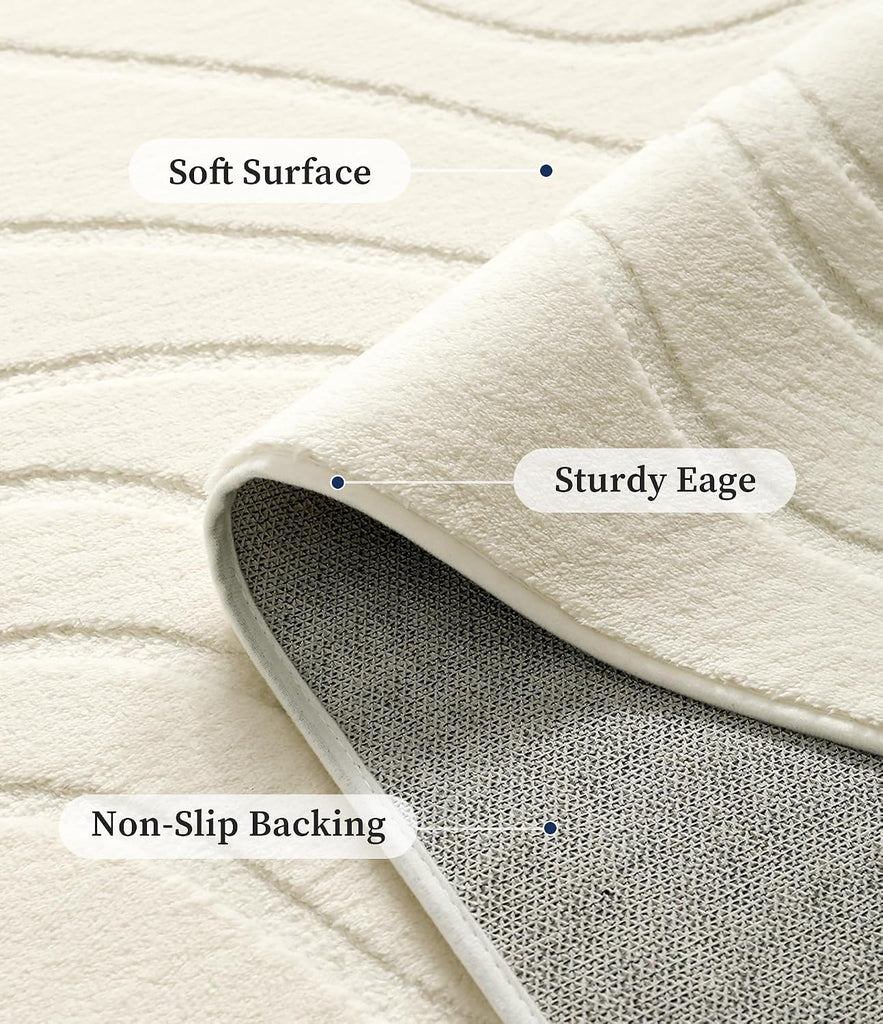 Abstract Wave Striped Area Rug, Modern Washable High-Low Pile Rug, Soft Textured Carpet, Beige Ivory White