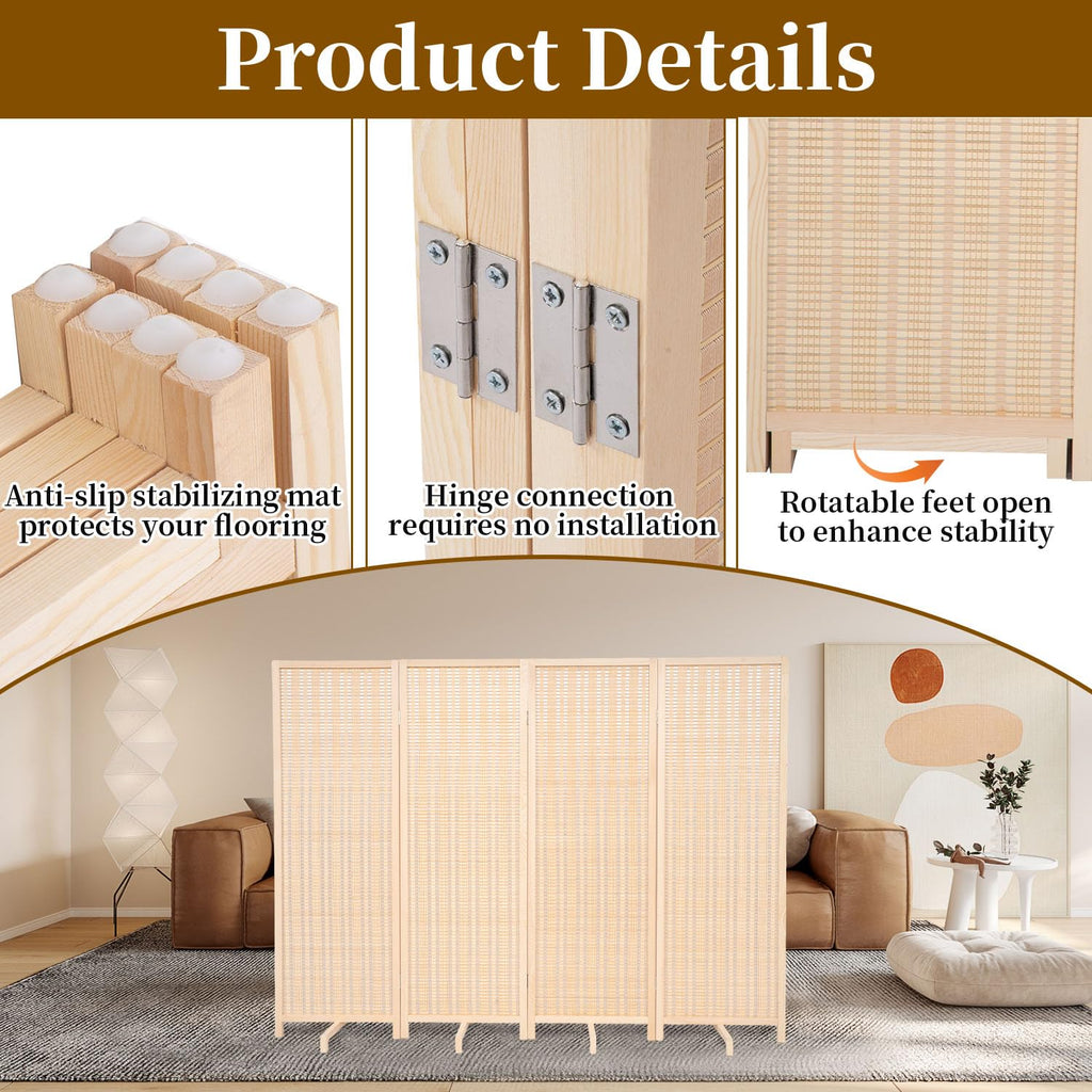 Bamboo Room Divider 4 Panel 47" H, 360°Rotating Feet Privacy Screen, Beige