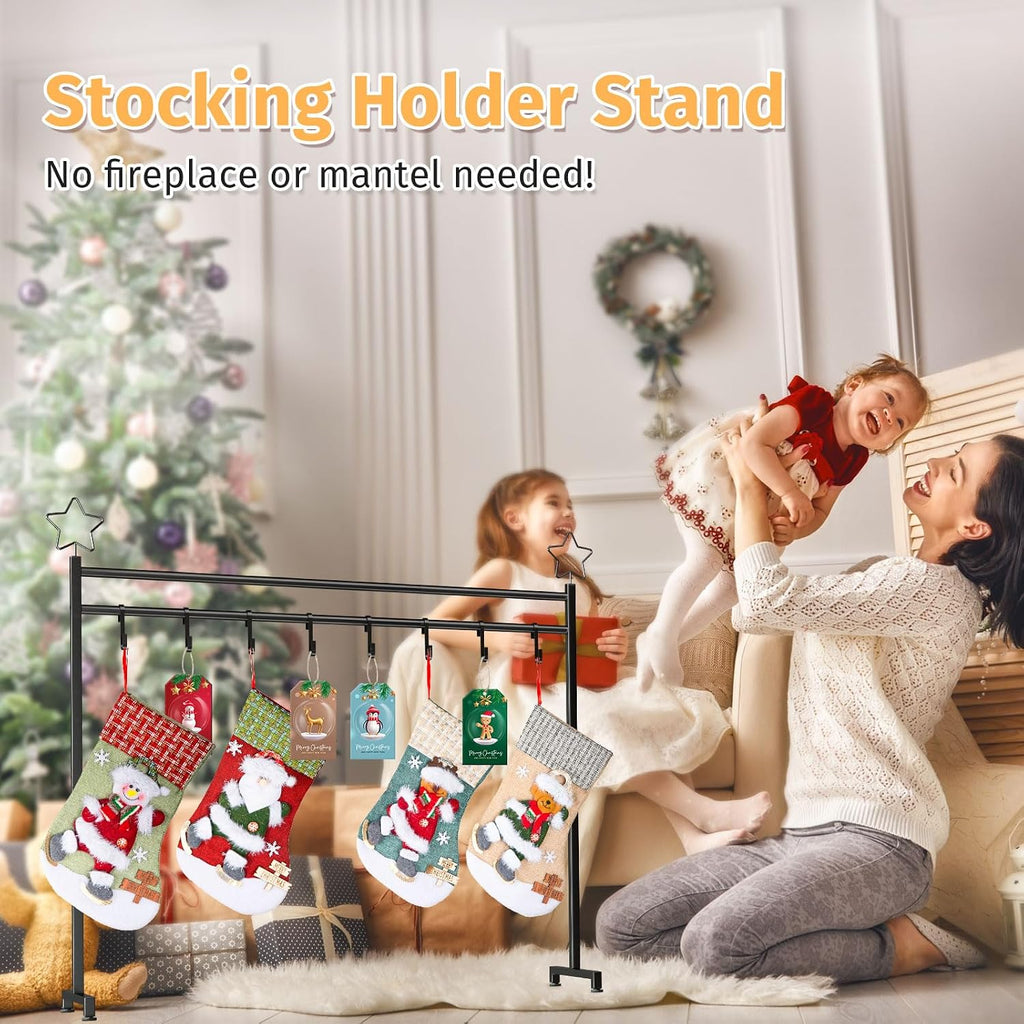 Christmas Stocking Holder Stand with 4 Stockings, Metal freestanding Christmas Stocking Hanger with 8 Hooks