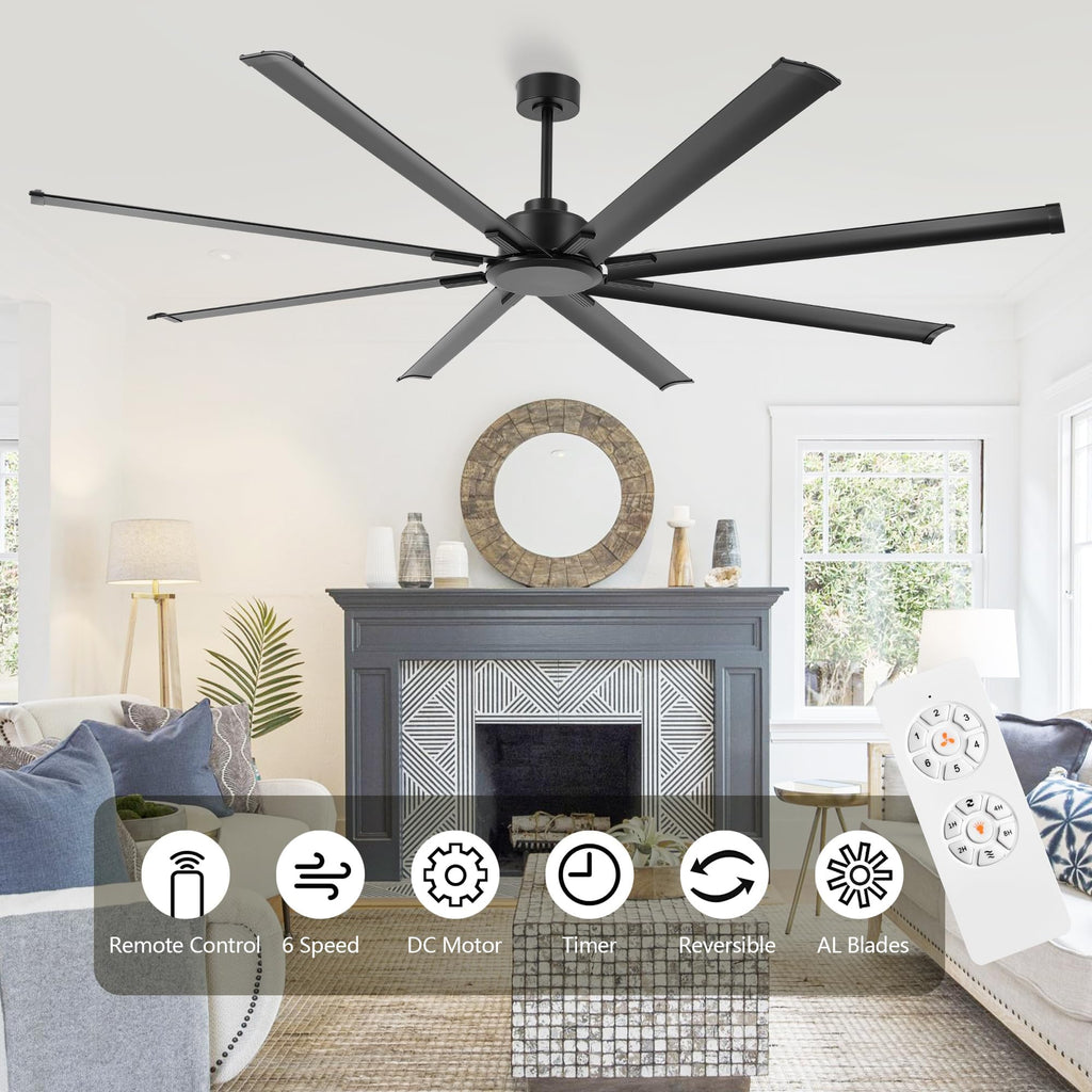 96" Ceiling Fan No Light Black, Reversible DC Motor, 6 Speed Remote Control, Industrial 8 Aluminum Blades with 3