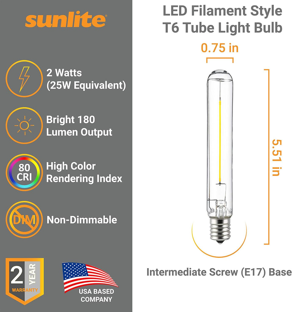 LED Filament T6 T6.5 Tubular Light Bulb, 2 Watts (25W Equivalent), 180 Lumens, Intermediate E17 Base, Non-Dimmable
