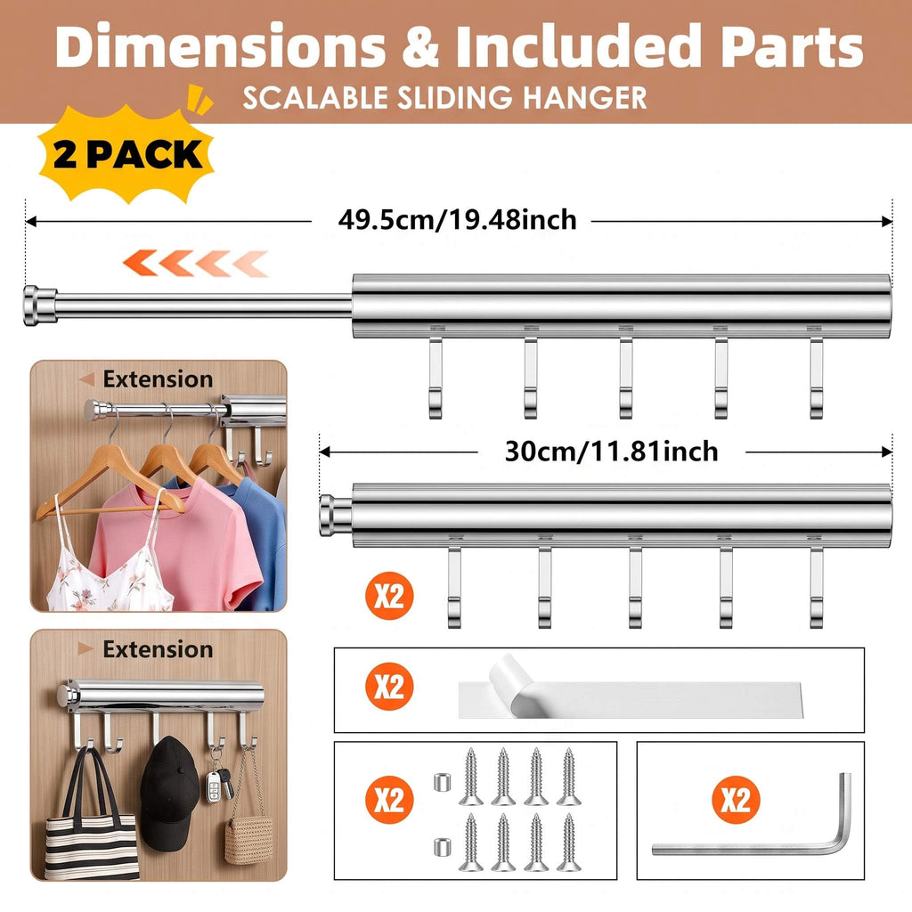 Valet Rod for Closet Pull Out 12 Inch with 5 Hooks - Chrome 2 Pack