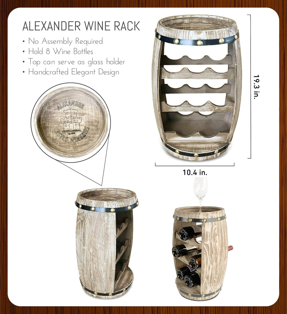 Modern Alexander Wine Rack - Freestanding Wooden Barrel Wine Holder for 8 Wine Bottles, Bottle Rack Floor Stand