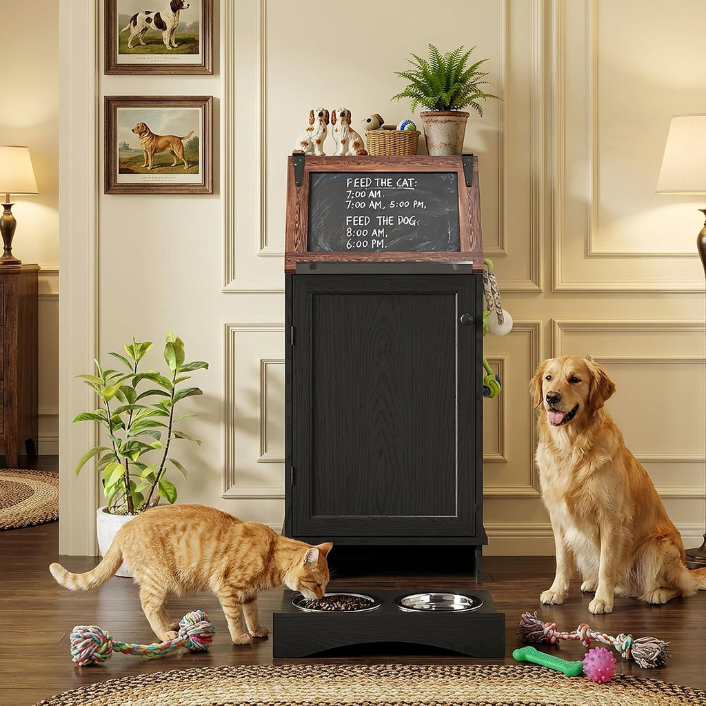 Dog Food Feeding Station with Storage, Pet Food Storage Cabinet with Bowls and Flip-Top Blackboard, Hidden Trash Can