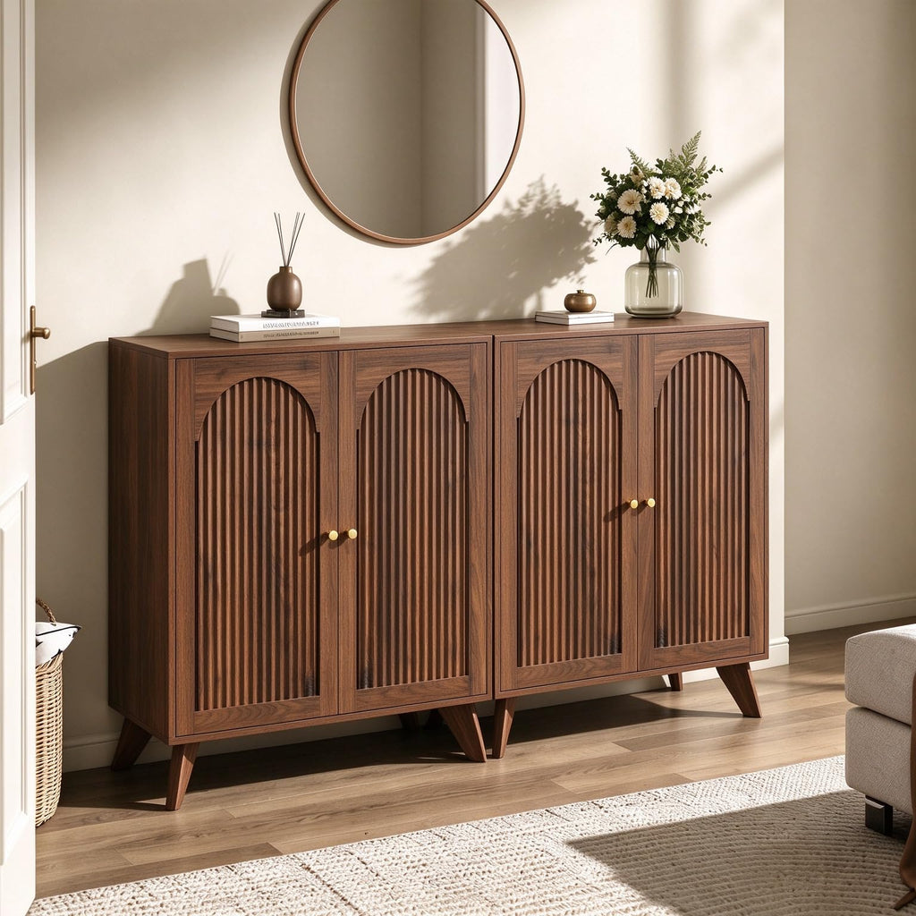 Modern Arched Storage Cabinet 95"W Wood Sideboard Buffet Cabinet Walnut