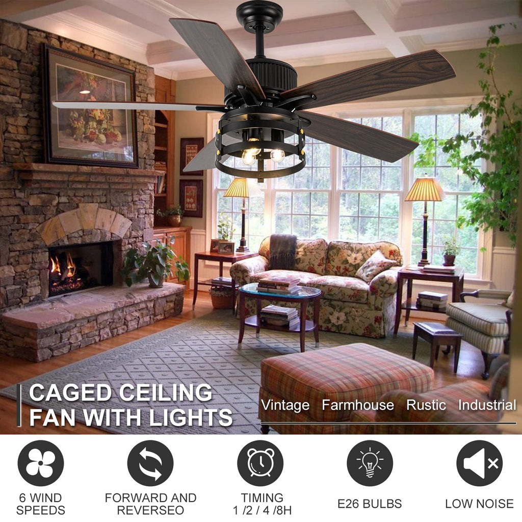 Farmhouse Rustic Ceiling Fan with Lights, 52 Inch Industrial Ceillng Fan Outdoor Ceiling Fan, Large Airflow