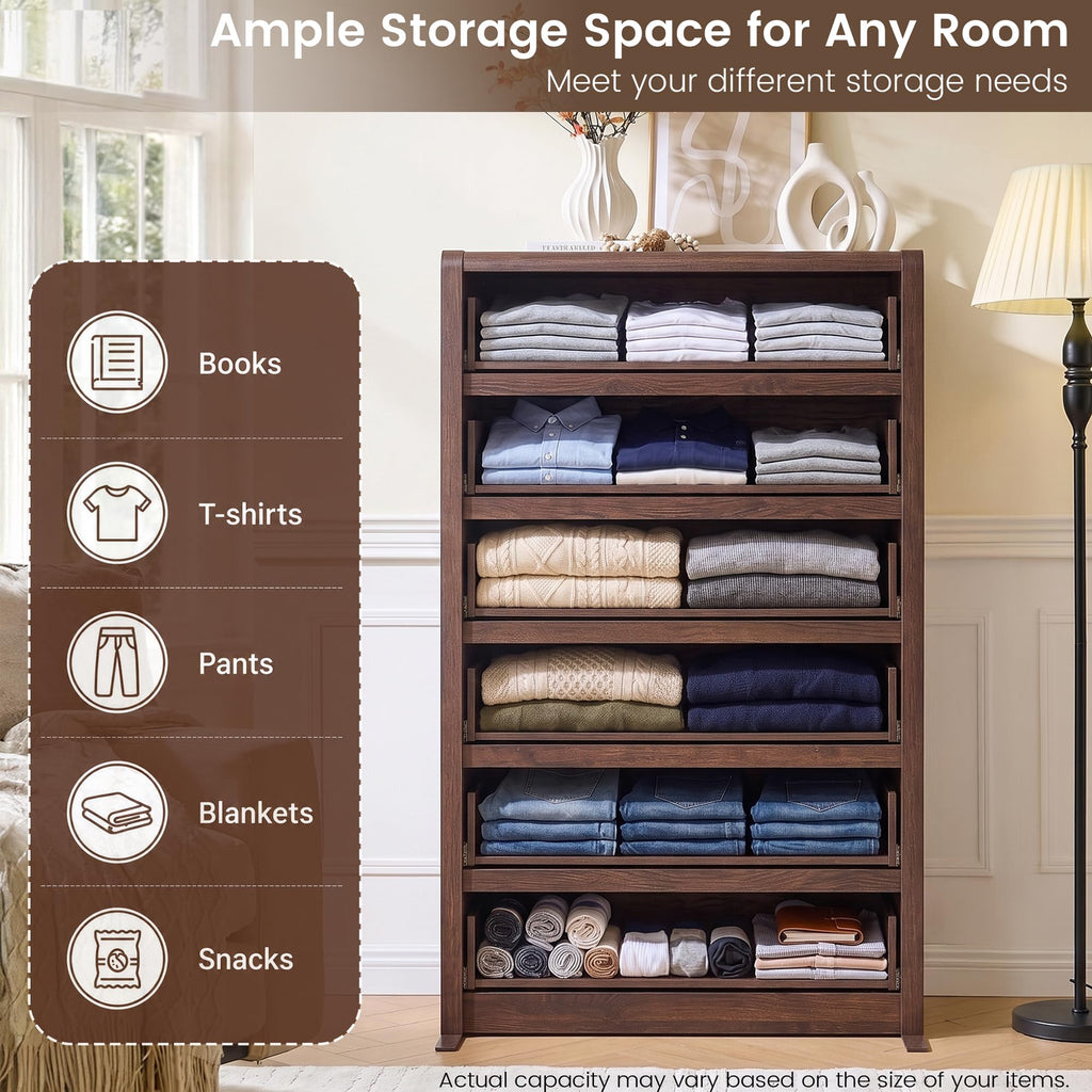 Modern 6 Drawers Dresser, 55.6" Tall Walnut Dressers & Chest of Drawer, Wooden Dresser, Front Curved & Handleless
