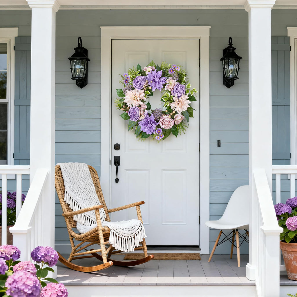 24 Inch Spring Summer Wreath for Front Door with Roses Dahlias Silk Flowers with Berry Greenery for All Seasons
